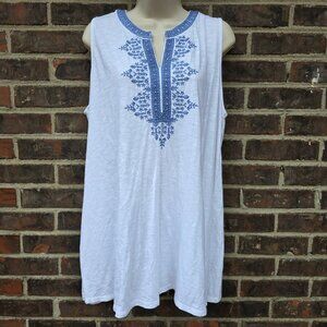 J. Jill Size L Women's White Blue Sleeveless Shirt Top Embroidered Tunic Shirt